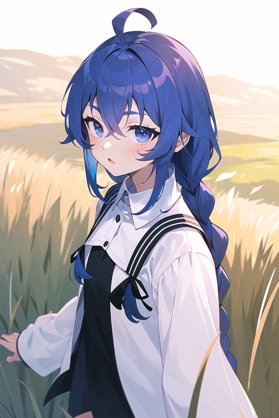 00202-2622029457-roxy migurdia, 1girl, ahoge, bangs, blue eyes, blue hair, braid, collared shirt, crossed bangs, eyebrows hidden by hair, grass,.png